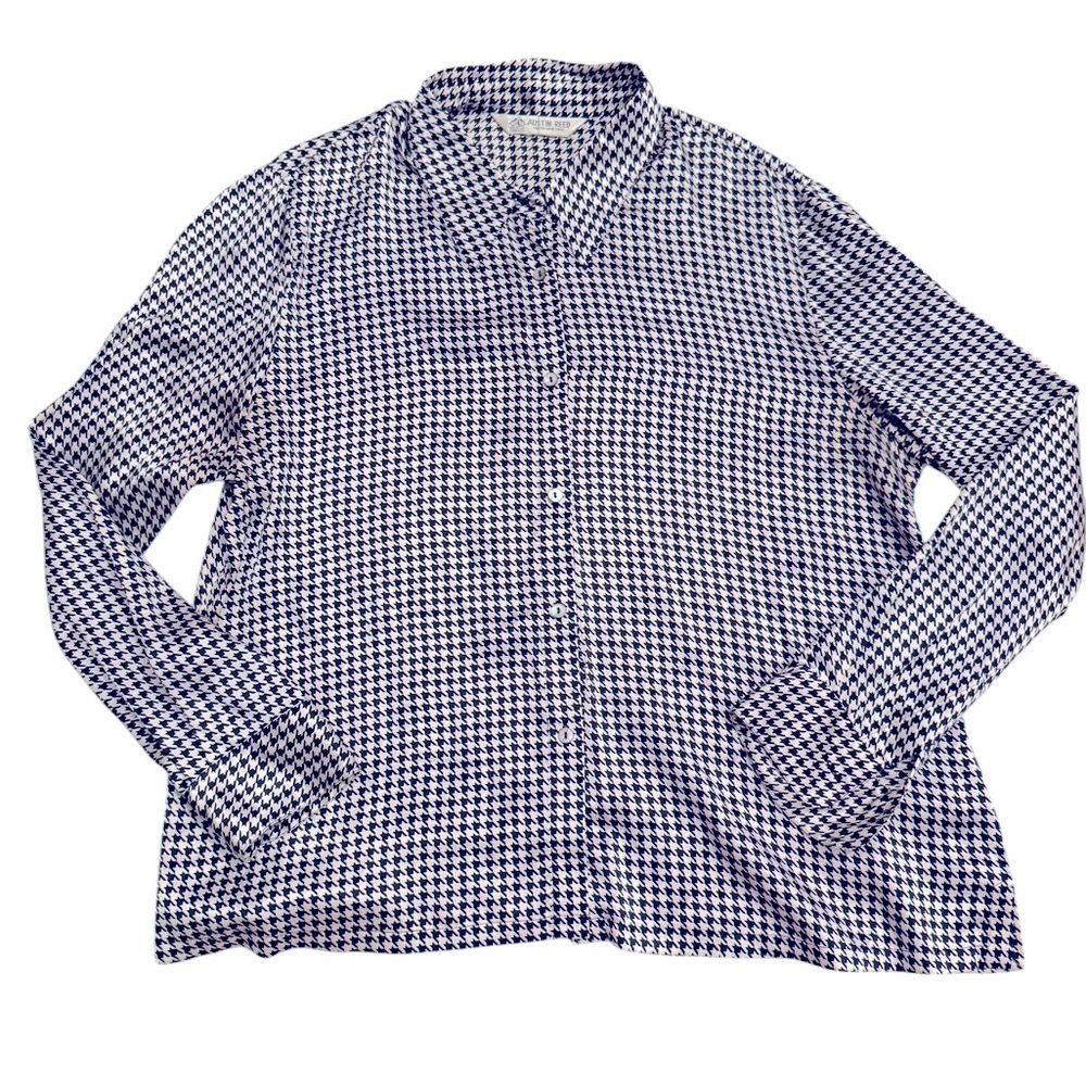 Austin Reed Navy Ivory Houndstooth Blouse Size Large Chic Classic Button Up
